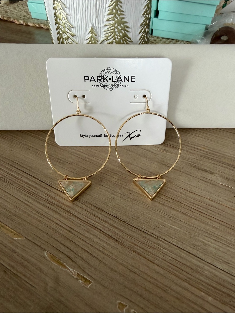 Park Lane Gold Hoop Earrings with Green Triangle Accent